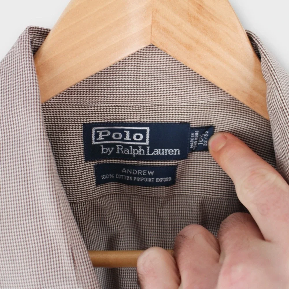Polo Ralph Lauren Andrew Dress‎ Shirt Men's 16.5 32/33 Brown Micro Check Oxford
